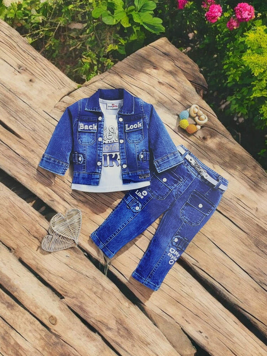 Stylish girl's denim ensemble with jeans, top, and jacket- Bumblehugs.