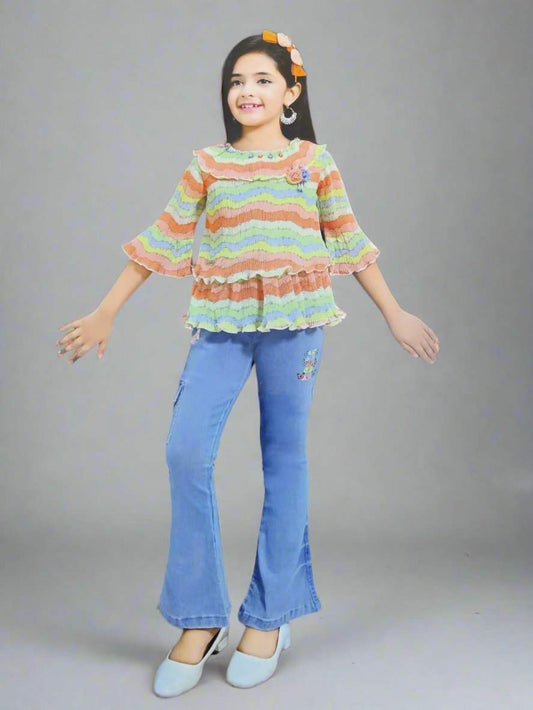 Stylish Children's Striped Outfit top and denim jeans