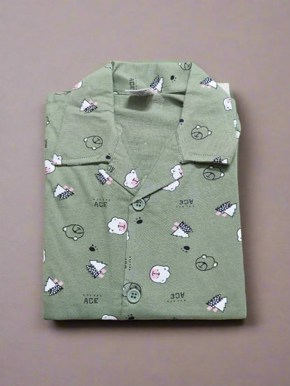 Playful Green Night Dress Set With Fun Designs