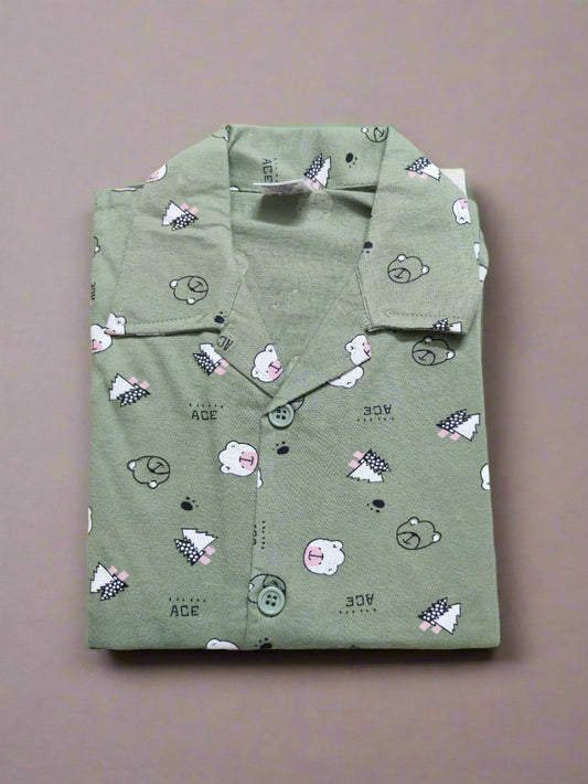Playful Green Night Dress Set With Fun Designs