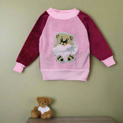 Cozy Pink and Red Velvet sweater Featuring Charming Bear Design