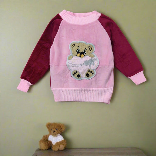 Cozy Pink and Red Velvet sweater Featuring Charming Bear Design
