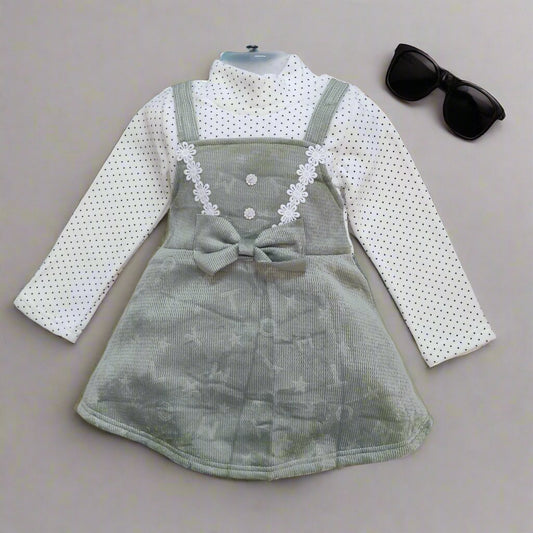Charming Green Corduroy Dress with Polka Dot Shirt for Kids
