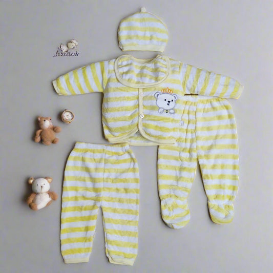 Adorable Light Yellow New Born Set With Two Pajamas, Cap and Bib