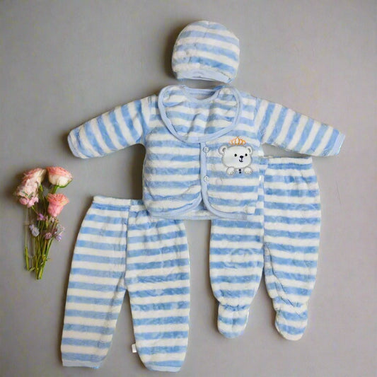Light Blue Newborn Set with Two Pajamas, Cap, and Bib - Adorable Outfit for Infants