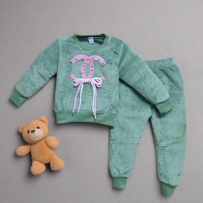 Cozy Velvet Winter Outfit for Kids in Green
