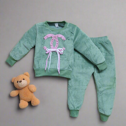 Cozy Velvet Winter Outfit for Kids in Green