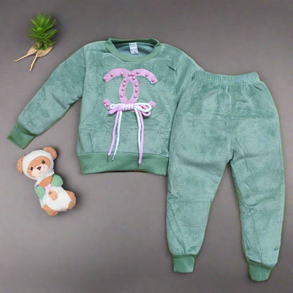 Cozy Velvet Winter Outfit for Kids in Green