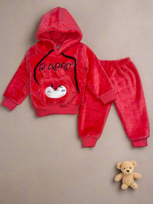 Adorable Red Rabbit Winter Hoodie and Pants Set for Kids