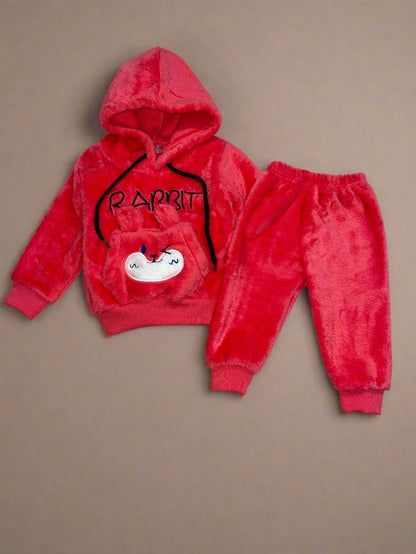 Adorable Red Rabbit Winter Hoodie and Pants Set for Kids