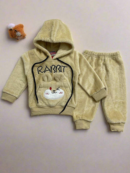 Cute Beige Rabbit Print Hoodie Pants Set for Winter