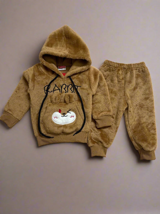 Adorable Brown Fleece hoodie Children's Clothing Set with Bear Design