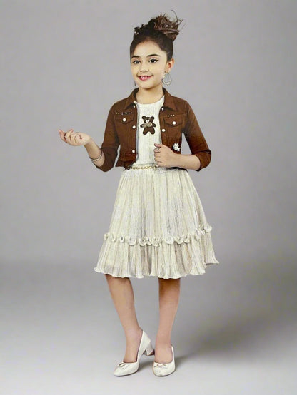 Adorable Baby Girl Dress with Brown Jacket and Teddy Bear Design - Bumblehugs