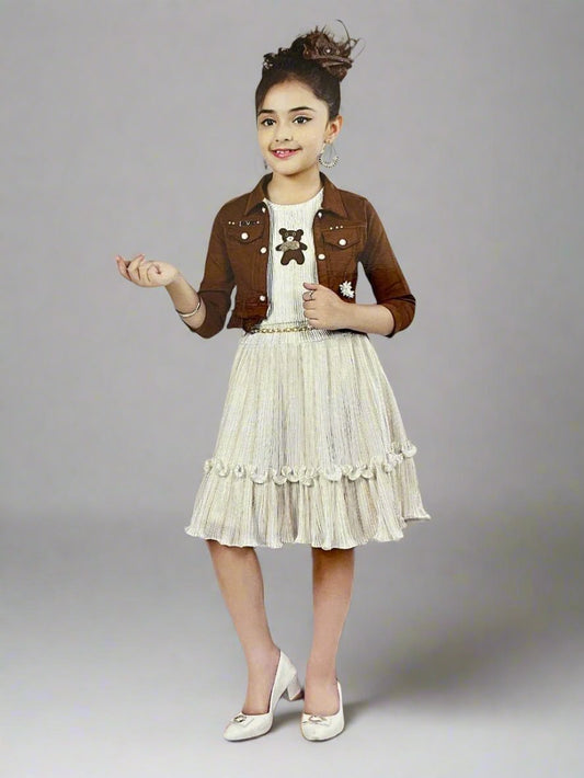 Adorable Baby Girl Dress with Brown Jacket and Teddy Bear Design - Bumblehugs