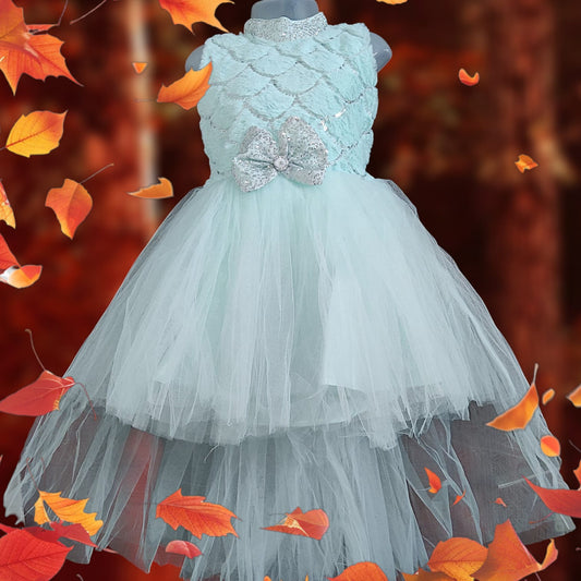 Light Blue Tulle Dress with Sequin Bow - Sleeveless Tulle Dress