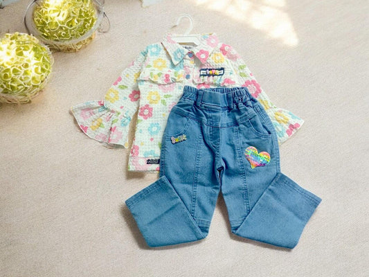 floral top and denim jeans set