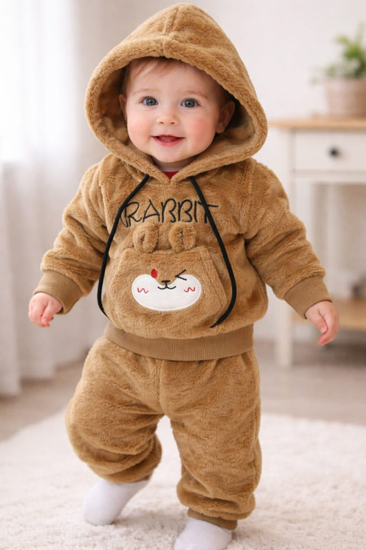 Adorable Brown Fleece hoodie Children's Clothing Set with Bear Design