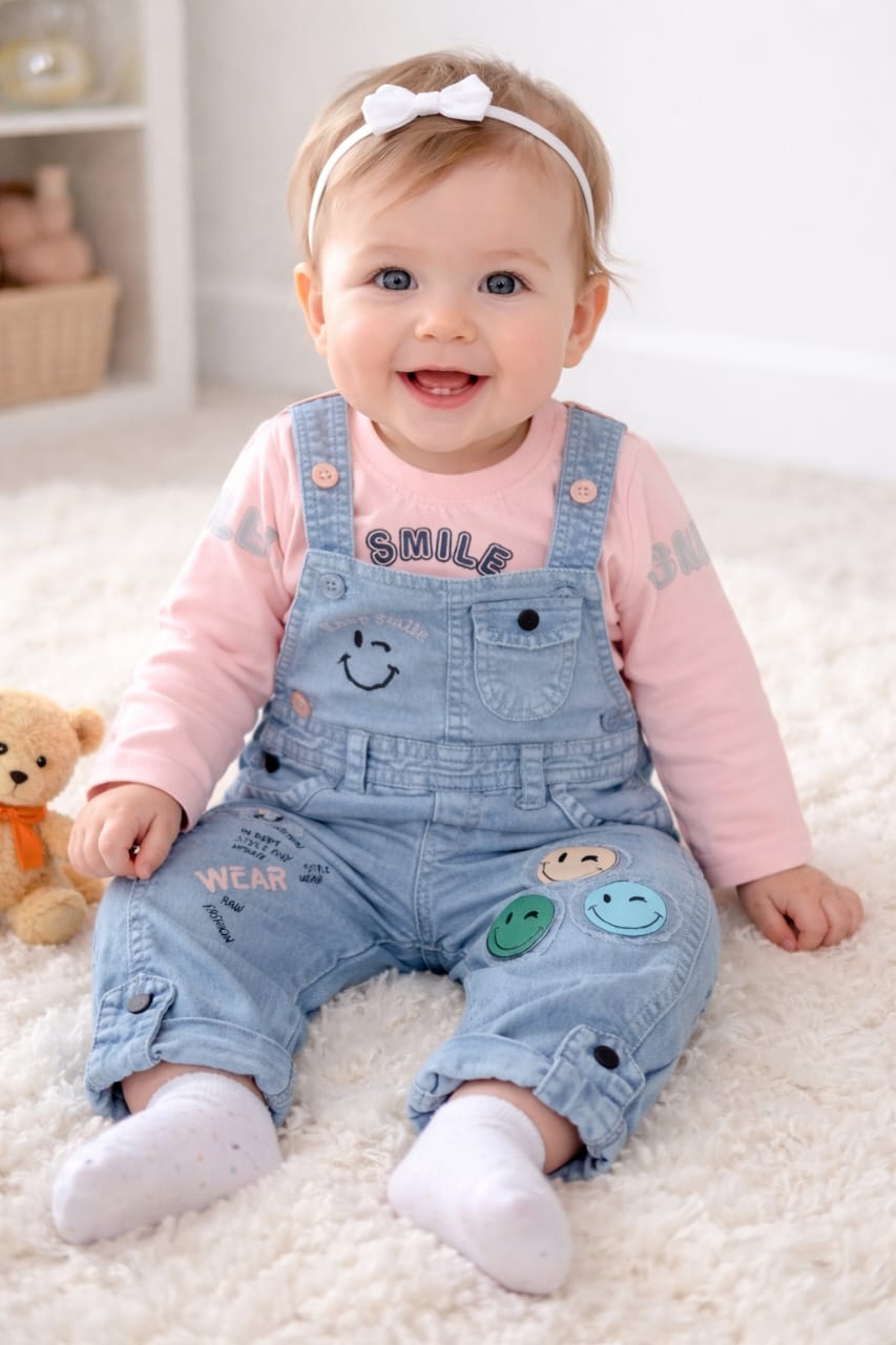 Adorable Denim Dungaree Outfit for Kids with Smiley Faces