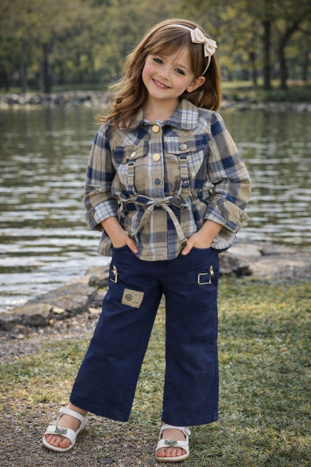 Stylish Plaid Top Girls and Dark Blue Pants Outfit